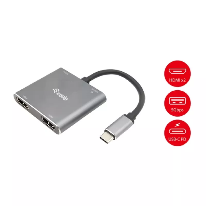 EQUIP USB-C 4-in-1 Dual-HDMI adaptér so 100W PD, 4K MST, hliník