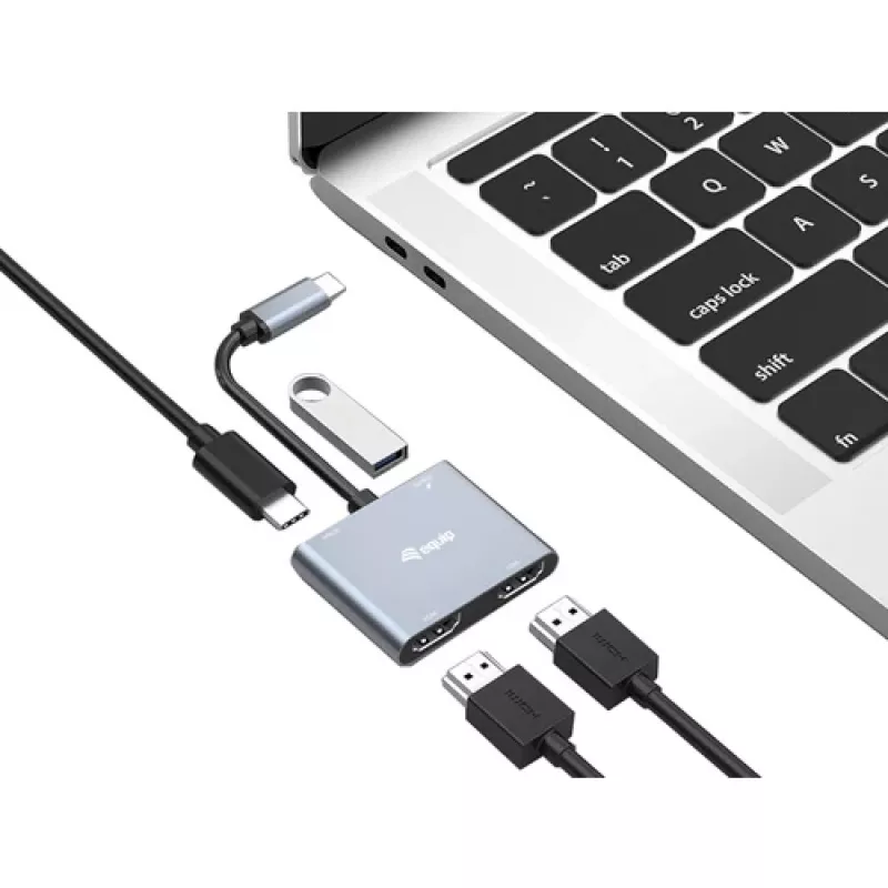 EQUIP USB-C 4-in-1 Dual-HDMI adaptér so 100W PD, 4K MST, hliník