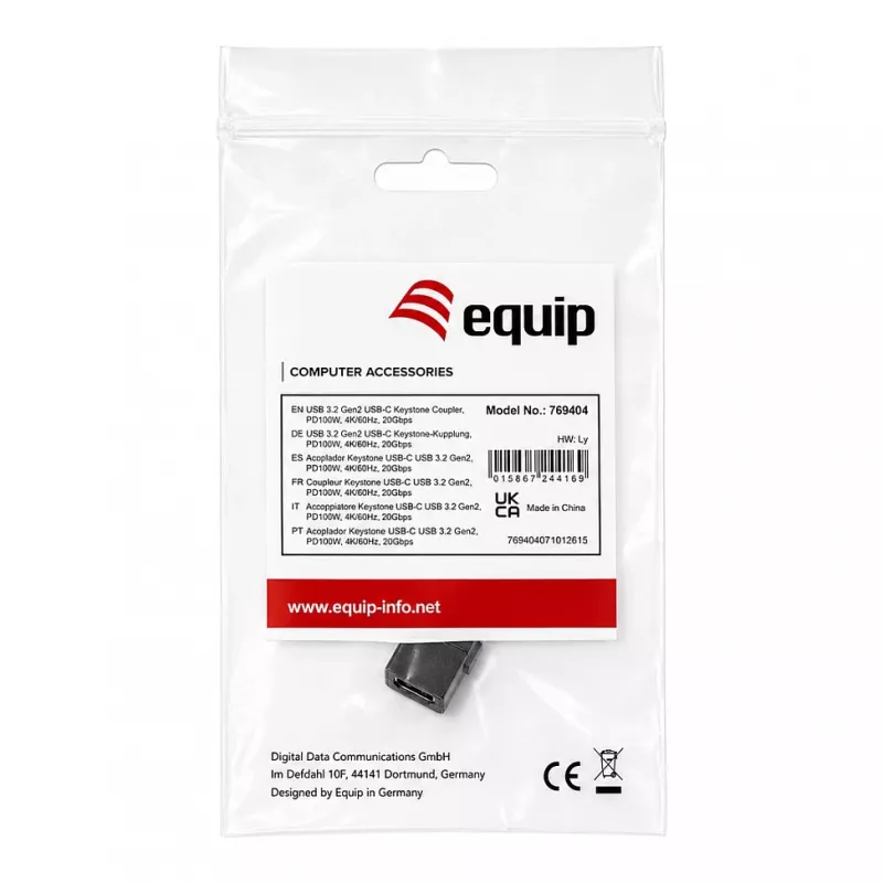 Equip USB-C keystone spojka, USB 3.2 Gen 2, USB-C konektor samica na samicu, čierna