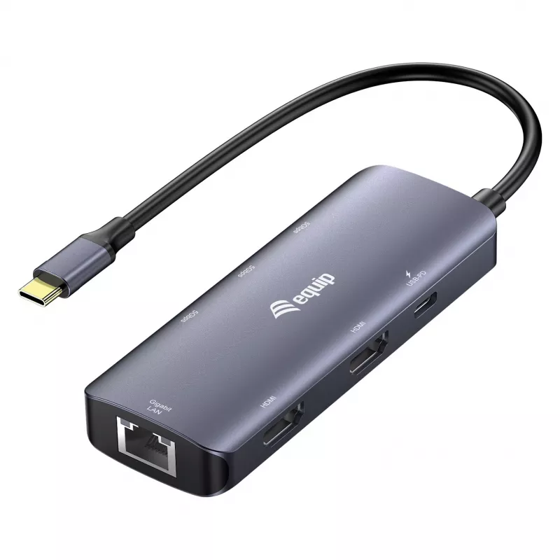 EQUIP USB-C multiport adaptér s 2x HDMI, RJ45, 2x USB-A, USB-C PD 100W, sivý