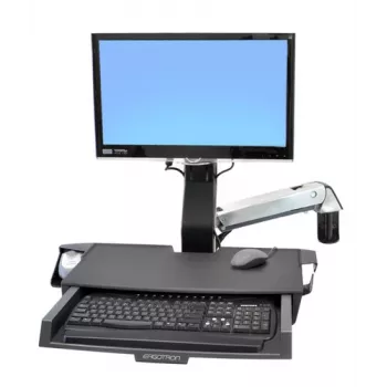 Ergotron 45-260-026 Track Mount Kit, výškovo nastaviteľný držiak monitora s odkladacou plochou na klávesnicu, výsuvnou podložkou na myš, opierkou na zápästie a držiakom na čítačku čiarových kódov, pre LCD do 24 palcov, VESA 75/100 mm, leštený hliník