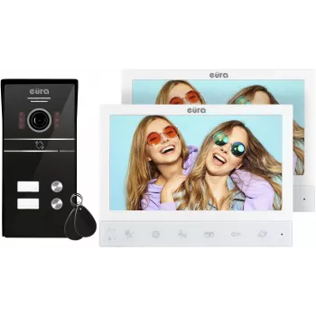 EURA VDP-80C5 dvojrodinný videovrátnik, biely, 2x 7 palcový LCD, FHD, 1080p kamera, RFID čítačka, montáž na omietku