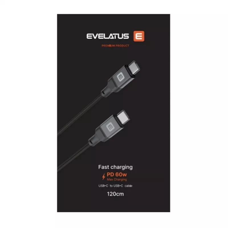 Evelatus špirálový USB-C na USB-C kábel 1,2 m 60 W PD opletený čierny