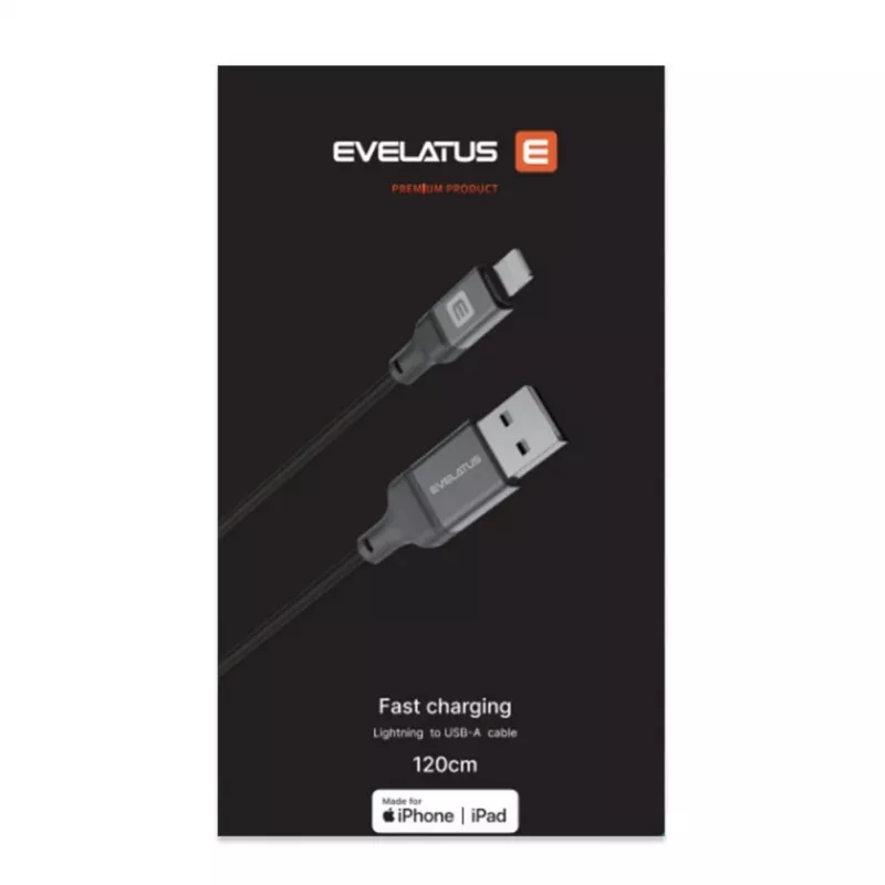 Evelatus USB-A to Lightning kábel 1.2m (MFi11CL) hliníkové puzdro opletený čierny