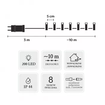 Extralink LED svetelná reťaz 200 LED studená biela 10m + 3m IP44 interiér/exteriér