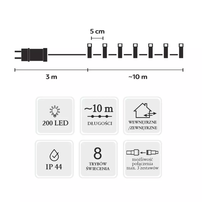 Extralink LED svetelná reťaz 200 LED studená biela 10m + 3m IP44 interiér/exteriér