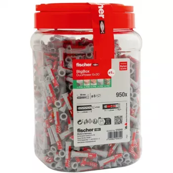 fischer DUOPOWER 6x30 univerzálna hmoždinka BigBox, svetlosivá/červená, 950 kusov, opakovane uzatvárateľná krabica 570548