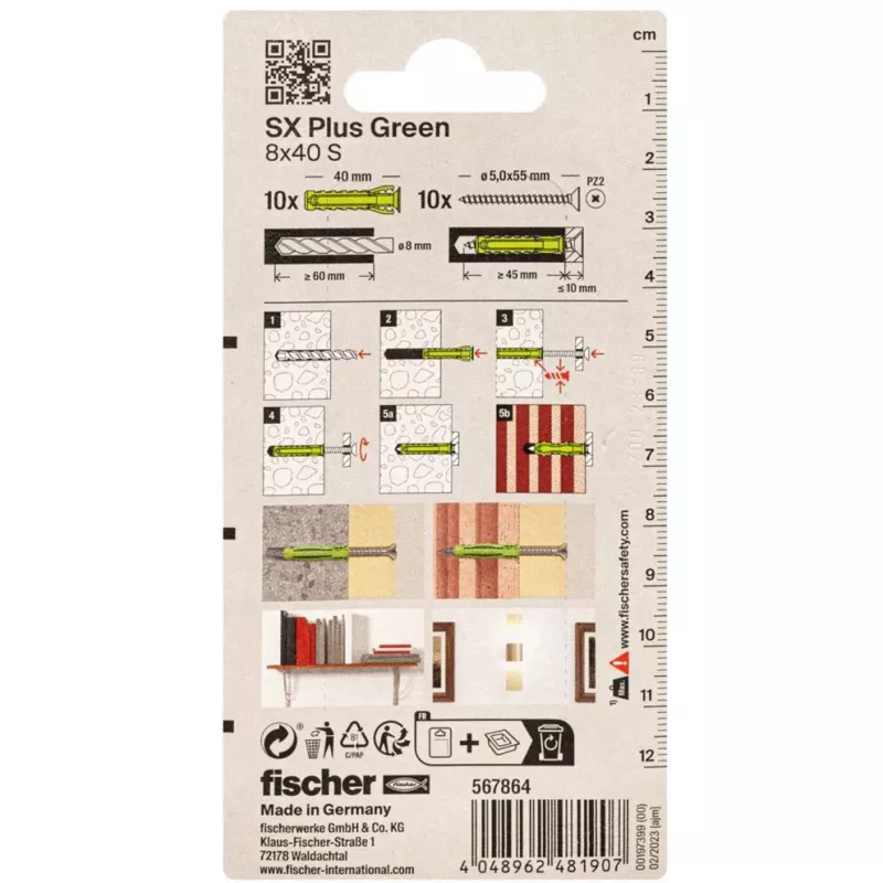 Fischer SX Plus Green 8x40 S K rozperná hmoždinka so skrutkou, 10 ks (567864)