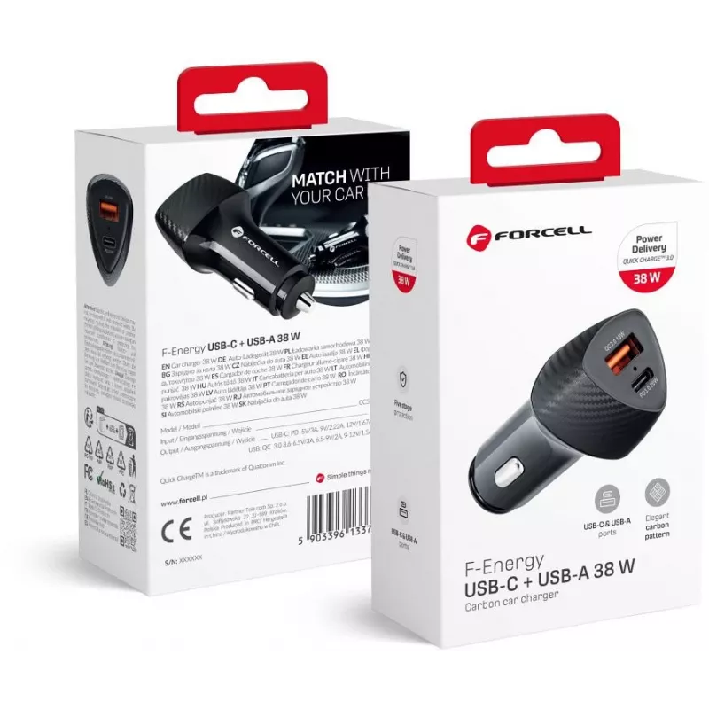 Forcell Carbon CC50-1A1C 38W auto nabíjačka USB-C PD 3.0 + USB-A QC 3.0 čierna