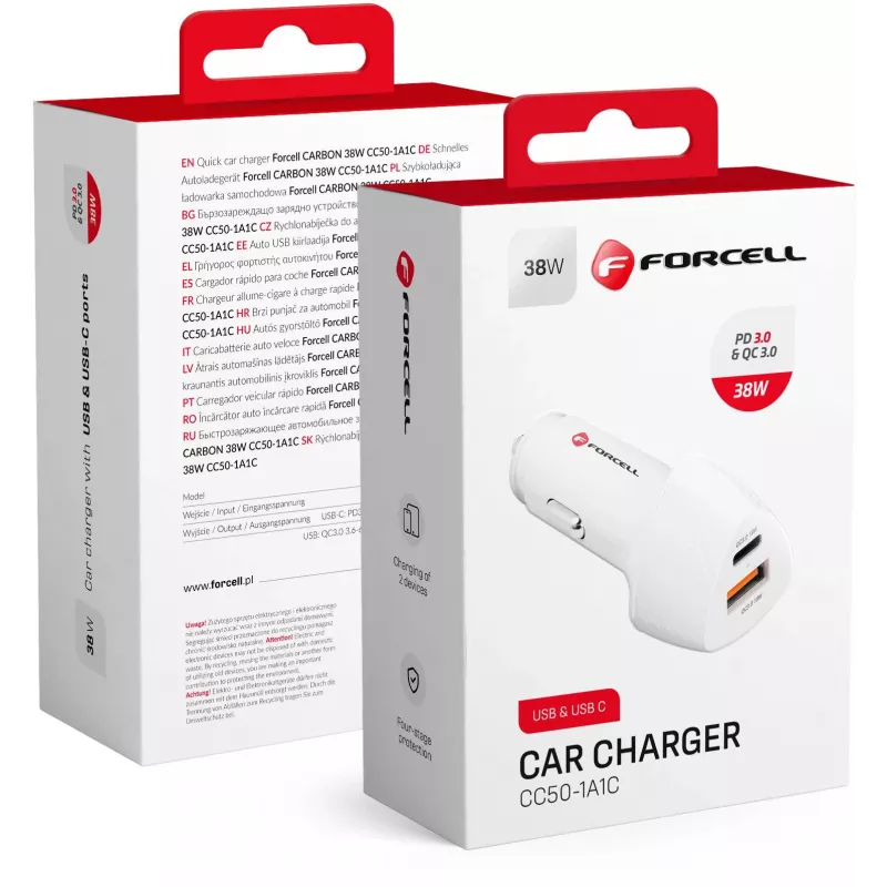 Forcell Carbon CC50-1A1C 38W USB-C PD + USB-A QC 3.0 auto nabíjačka - biela