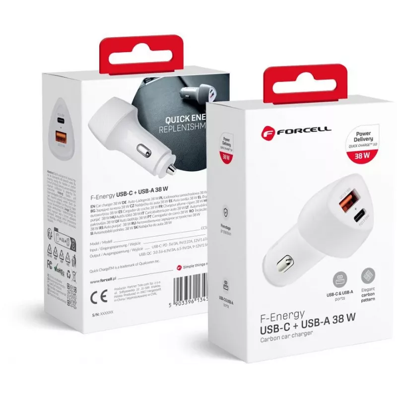 Forcell Carbon CC50-1A1C 38W USB-C PD + USB-A QC 3.0 auto nabíjačka - biela