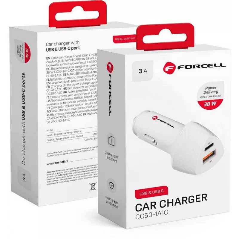 Forcell Carbon CC50-1A1C 38W USB-C PD + USB-A QC 3.0 auto nabíjačka - biela