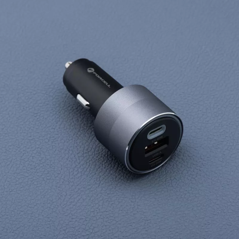Forcell F-Energy 65 auto nabíjačka 65W, 2x USB-C (PD 3.0) & 1x USB-A (QC 4.0), sivá