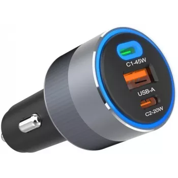 Forcell F-Energy 65 auto nabíjačka 65W, 2x USB-C (PD 3.0) & 1x USB-A (QC 4.0), sivá