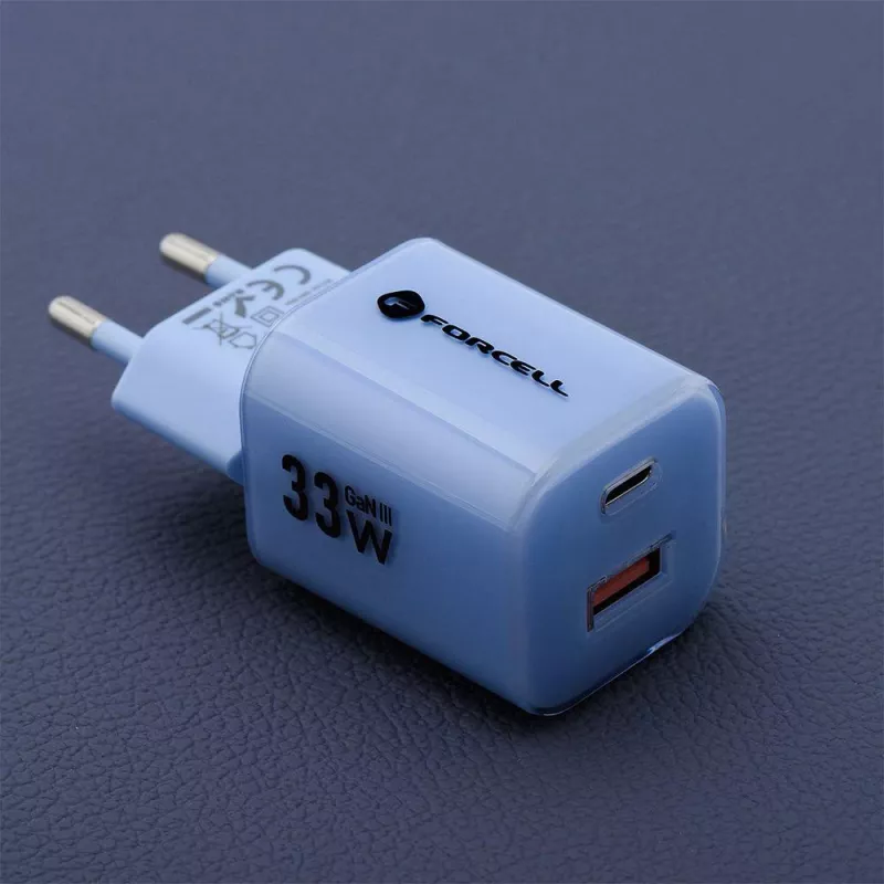 Forcell F-Energy GaN III VT-41 33W USB-C & USB-A nástenná nabíjačka, PD 3.0, QC 4.0, modrá