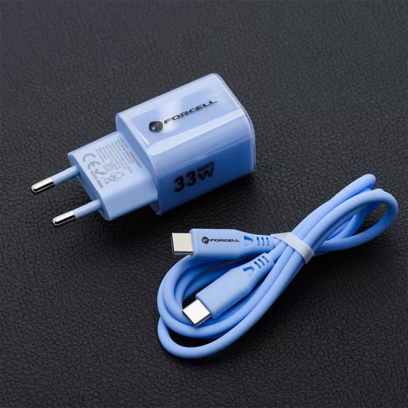Forcell F-Energy GaN III VT-41 33W USB-C & USB-A nástenná nabíjačka, PD 3.0, QC 4.0, modrá