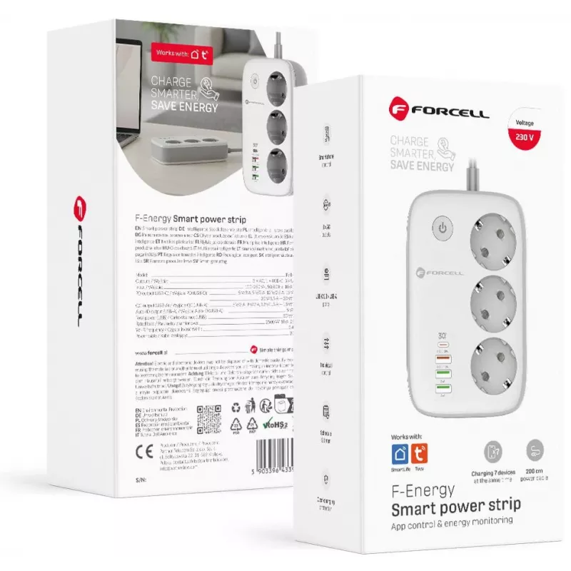 Forcell F-Energy VT-PS03 inteligentný napájací pás, 3x zásuvka Schuko, USB-C PD 30W, 3x USB-A QC 3.0, Wi-Fi, ovládanie cez aplikáciu Tuya, 2500W/10A