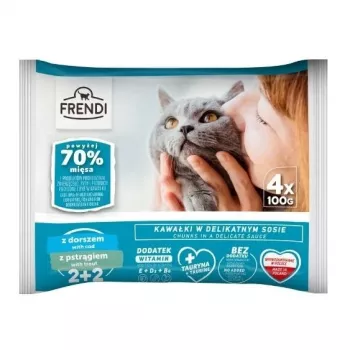 FRENDI treska a pstruh v omáčke vlhké krmivo pre mačky, 4 x 100 g vrecká