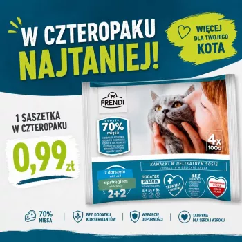 FRENDI treska a pstruh v omáčke vlhké krmivo pre mačky, 4 x 100 g vrecká