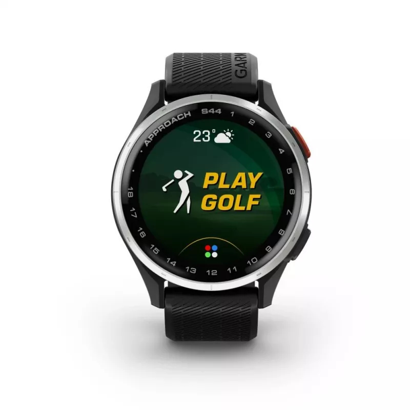 Garmin Approach S44 strieborná hliníková luneta s čiernym silikónovým remienkom