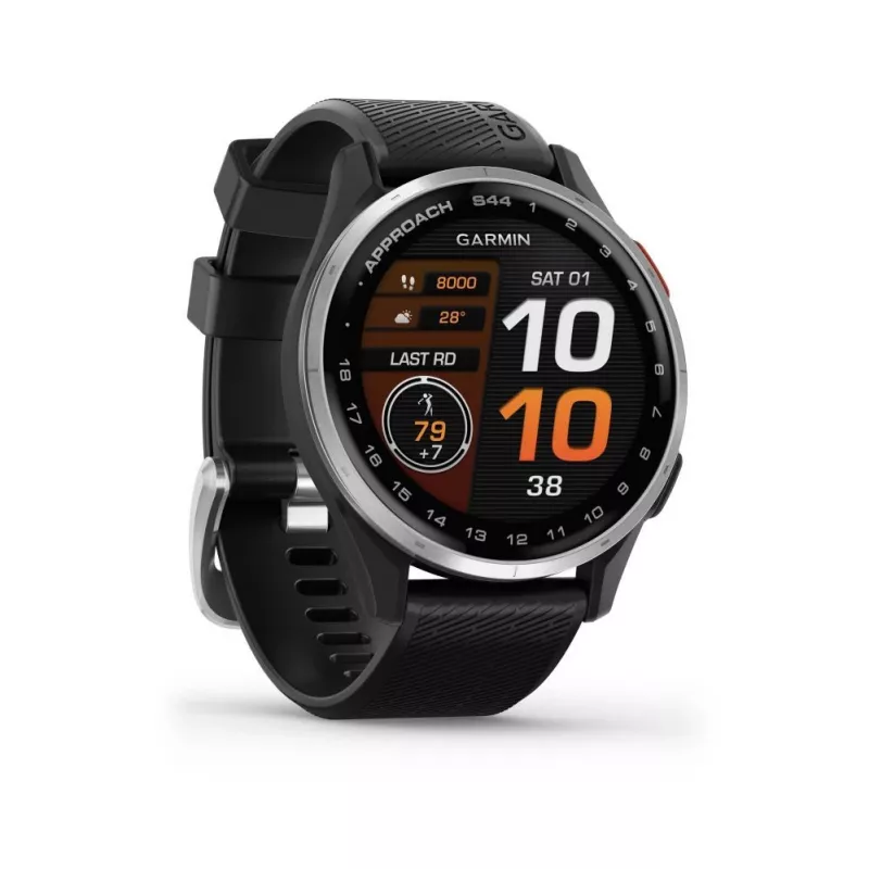 Garmin Approach S44 strieborná hliníková luneta s čiernym silikónovým remienkom