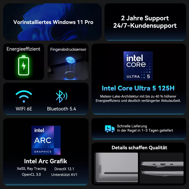 GEEKOM GEEKBOOK X16 PRO (strieborná, Intel Core Ultra 5 125H, Intel Arc Graphics, 32 GB LPDDR5, 1 TB SSD, Windows 11 Pro)