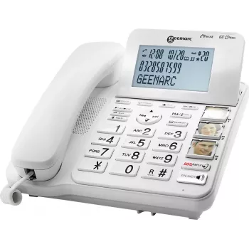 Geemarc CL595 drôtový telefón pre seniorov so záznamníkom, hlasitým odposluchom, optickou signalizáciou zvonenia, kompatibilný so slúchadlami, núdzový prívesok, biely