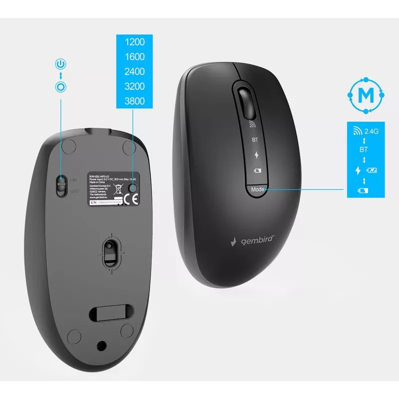 Gembird KBS-WPS-02 tenká bezdrôtová súprava klávesnice a myši s dvojitým režimom, 2,4 GHz + Bluetooth, rozloženie US, čierna