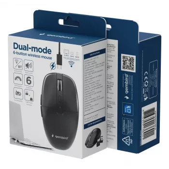 Gembird MUSW2-6B-01 dual-mode bezdrôtová myš, 2,4 GHz + Bluetooth 5.0, 1600 DPI, 6 tlačidiel, čierna