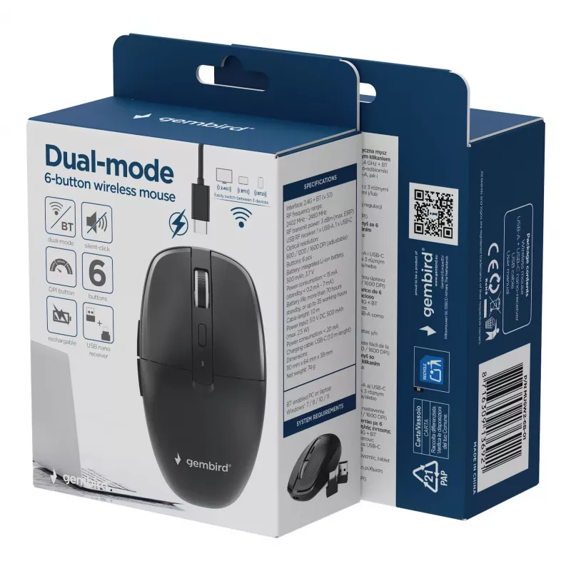 Gembird MUSW2-6B-01 dual-mode bezdrôtová myš, 2,4 GHz + Bluetooth 5.0, 1600 DPI, 6 tlačidiel, čierna
