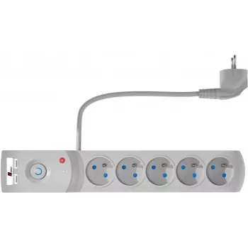 GETFORT 5-násobná prepäťová ochrana predlžovacia zásuvka s 2 USB nabíjacími portmi, 5m kábel, sivá