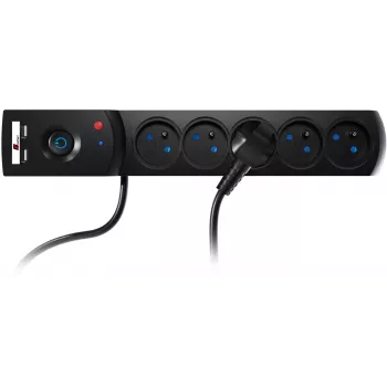 GETFORT 5P-3M-B-USB prepäťová ochrana predlžovacia zásuvka, 5 AC zásuviek, 2 USB-A porty, 3m kábel, čierna
