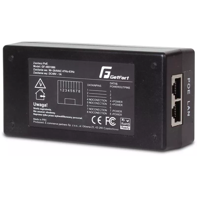 GETFORT GF-48D1000 48W pasívny PoE injektor adaptér, 100-240V AC na 48V DC, 10/100 Mbps, 2x RJ45, kompatibilný s IEEE 802.3af/at