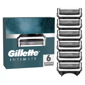 Gillette Intimate náhradné žiletky, 6 čepelí, čierna, holenie mužského intímneho ochlpenia