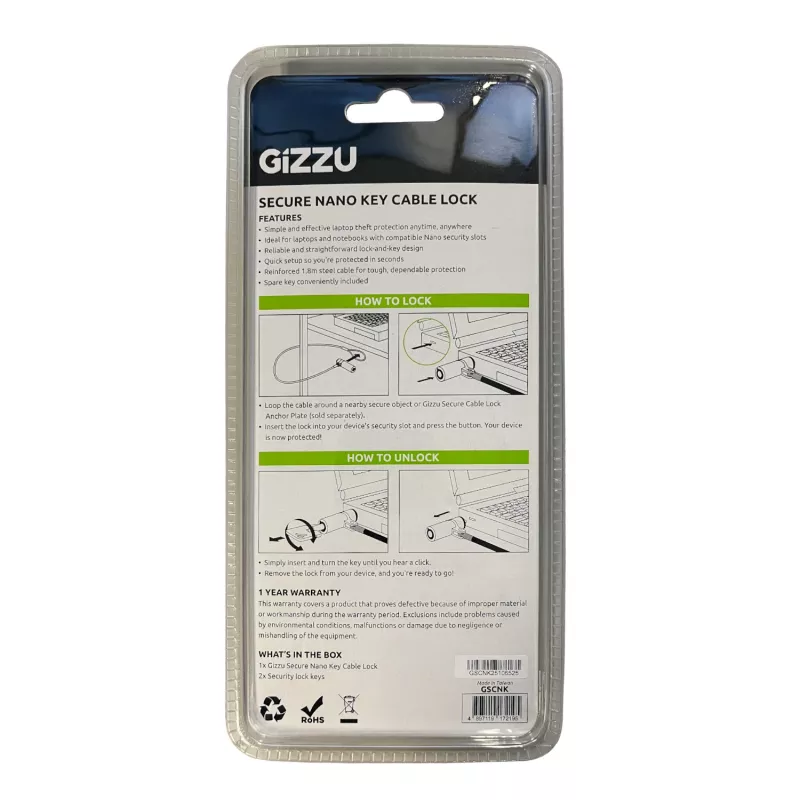 GIZZU 1,8 m Nano Key Lock bezpečnostný kábel s kľúčom - čierny
