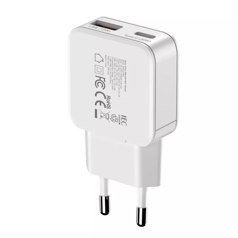 Gizzu 2-portová 30W GaN nástenná nabíjačka USB-C PD + USB-A QC biela