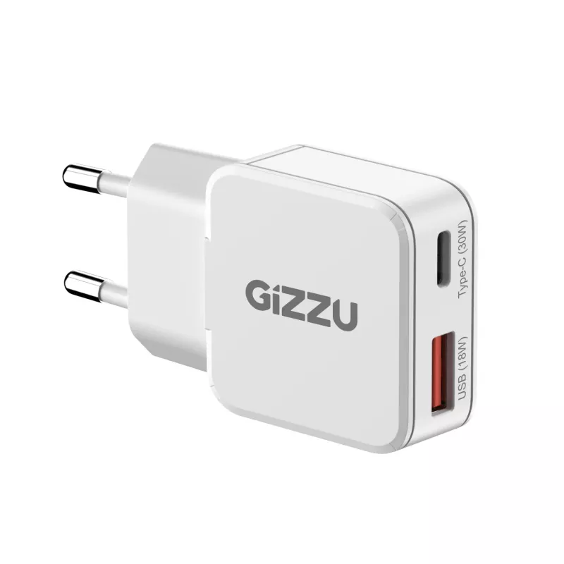 Gizzu 2-portová 30W GaN nástenná nabíjačka USB-C PD + USB-A QC biela
