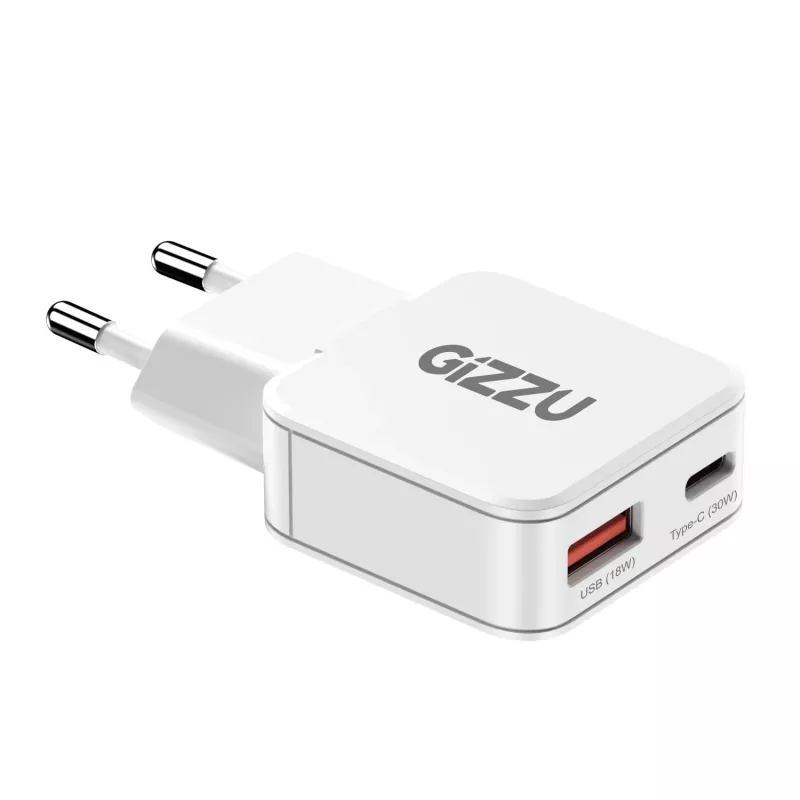 Gizzu 2-portová 30W GaN nástenná nabíjačka USB-C PD + USB-A QC biela