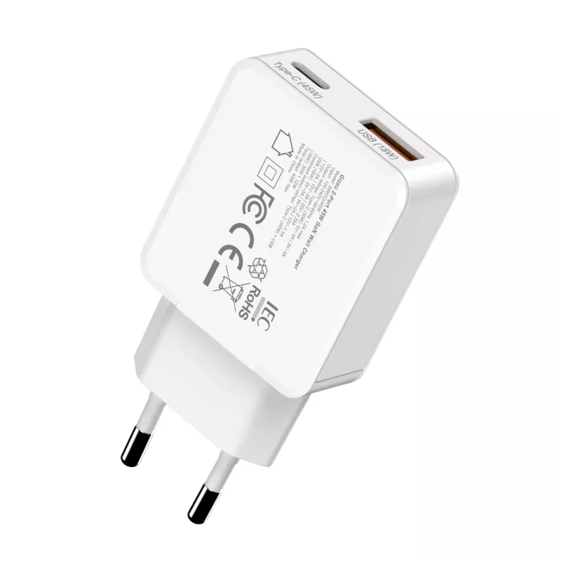 Gizzu 2-portová 45W GaN nástenná nabíjačka USB-C PD & USB-A QC biela