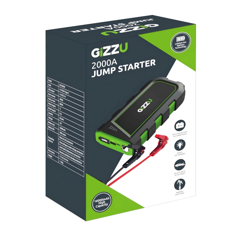 GIZZU 2000A štartovacie zariadenie 16000mAh - čierna