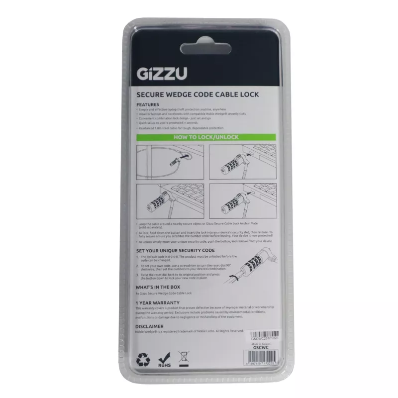 Gizzu Secure Wedge kódový káblový zámok 1,8 m