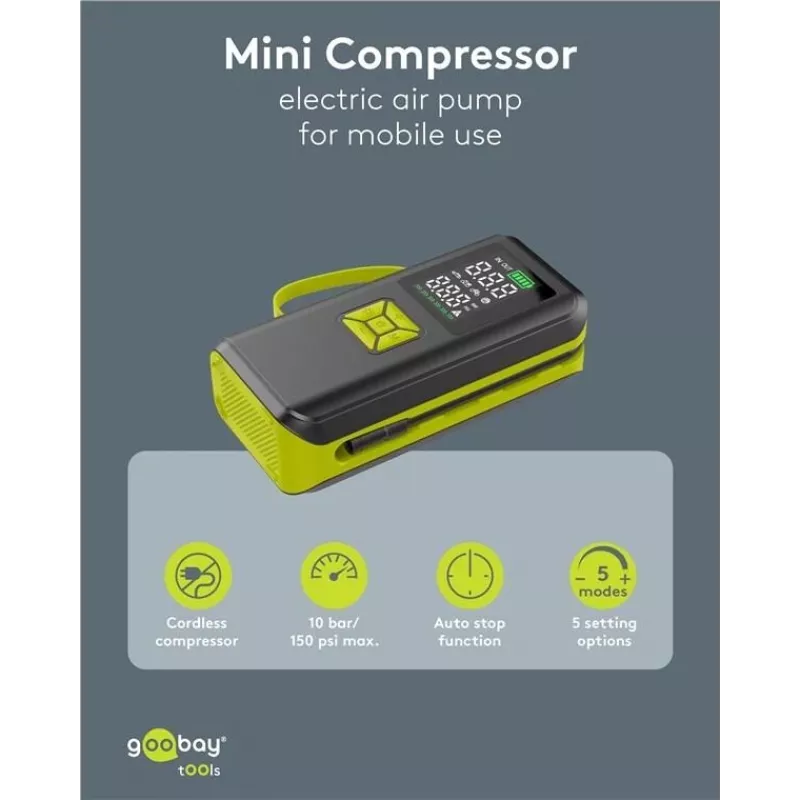 Goobay Tools akumulátorová vzduchová pumpa s digitálnym displejom, 10,3 bar, USB-C nabíjanie, LED svetlo, 2000 mAh Li-Ion batéria, vrátane adaptérov a úložnej tašky 77827