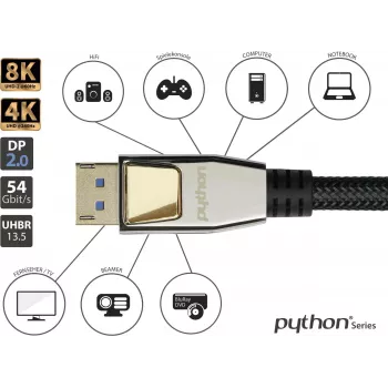 GoodConnections PREMIUM DisplayPort 2.0 kábel, 54 Gbit/s, UHBR 13.5, 4K @240Hz / 8K @60Hz, celokovový konektor, meď (DP20-PY020)