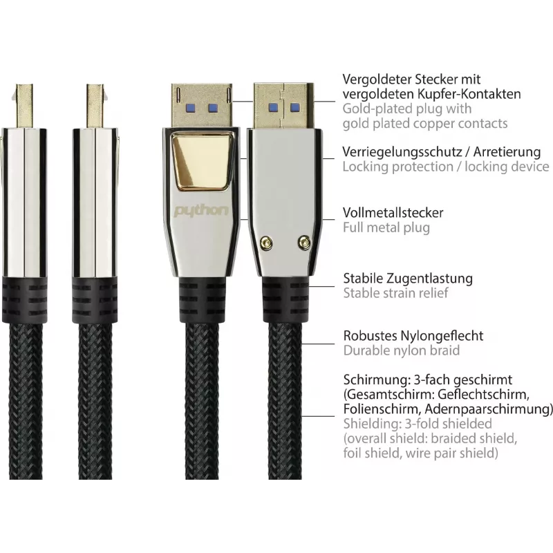 GoodConnections PREMIUM DisplayPort 2.0 kábel, 54 Gbit/s, UHBR 13.5, 4K @240Hz / 8K @60Hz, celokovový konektor, meď (DP20-PY020)
