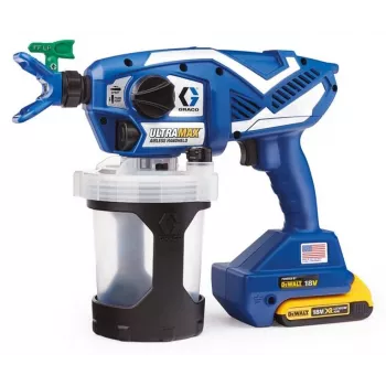 Graco Ultramax akumulátorový airless ručný striekací stroj na farbu sada s 2x DeWalt 2.0Ah batériami, nabíjačkou a nástrojovou taškou