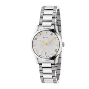 Gucci G-Timeless dámske hodinky YA126572A 27mm nerezová oceľ strieborný ciferník s diamantovými indexmi švajčiarsky quartz