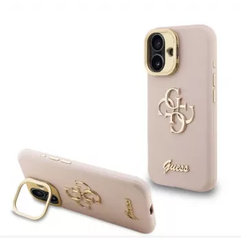 Guess Apple iPhone 16 Pro Max PU zrnitá štruktúra 4G Logo Stand rám kamery puzdro ružové