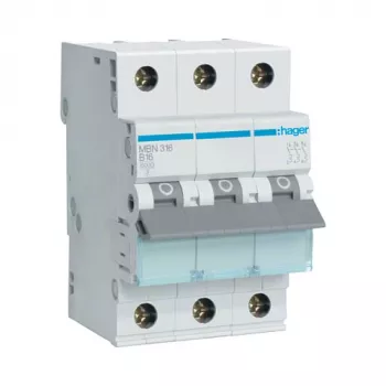 Hager MBN316 3-pólový 16A istič s charakteristikou B 6kA, šírka 3 moduly
