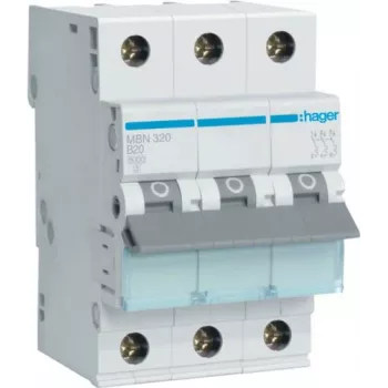 Hager MBN320 3-pólový 20 A istič s charakteristikou B, 6 kA, 3 moduly