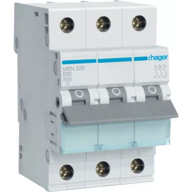 Hager MBN320 3-pólový 20 A istič s charakteristikou B, 6 kA, 3 moduly